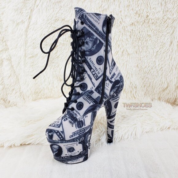 Dollar Bill  Money Print 7" High Heel Platform Lace Up Ankle boots - Picture 8 of 10
